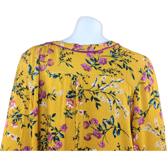 Kori American Womens Medium Gold Floral Print Button Up Blouse Balloon Sleeves - Picture 9 of 13